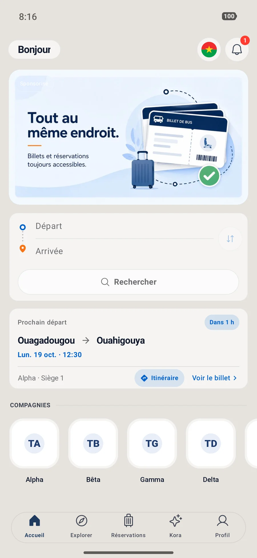 Accueil de l’application TravelBook : recherche et prochain départ