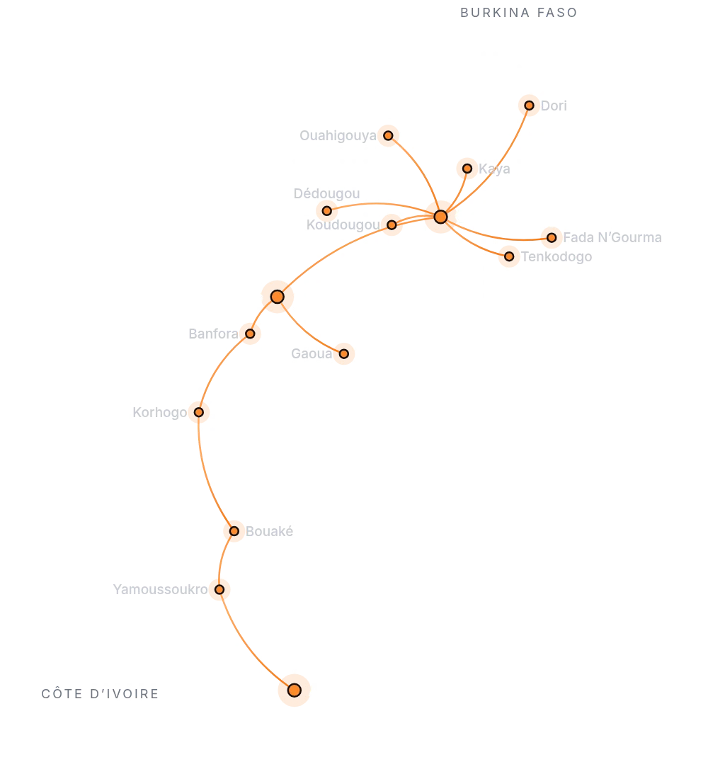 Carte des villes desservies au Burkina Faso et en Côte d’Ivoire