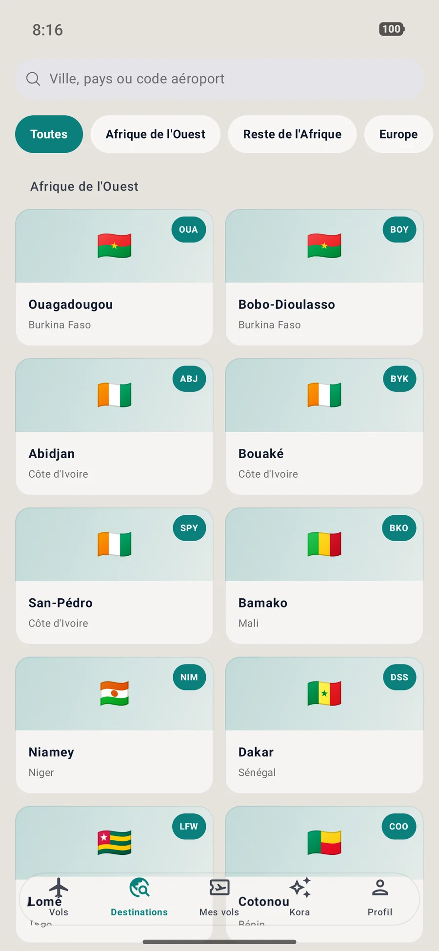 Destinations proposées dans l’Espace Avion