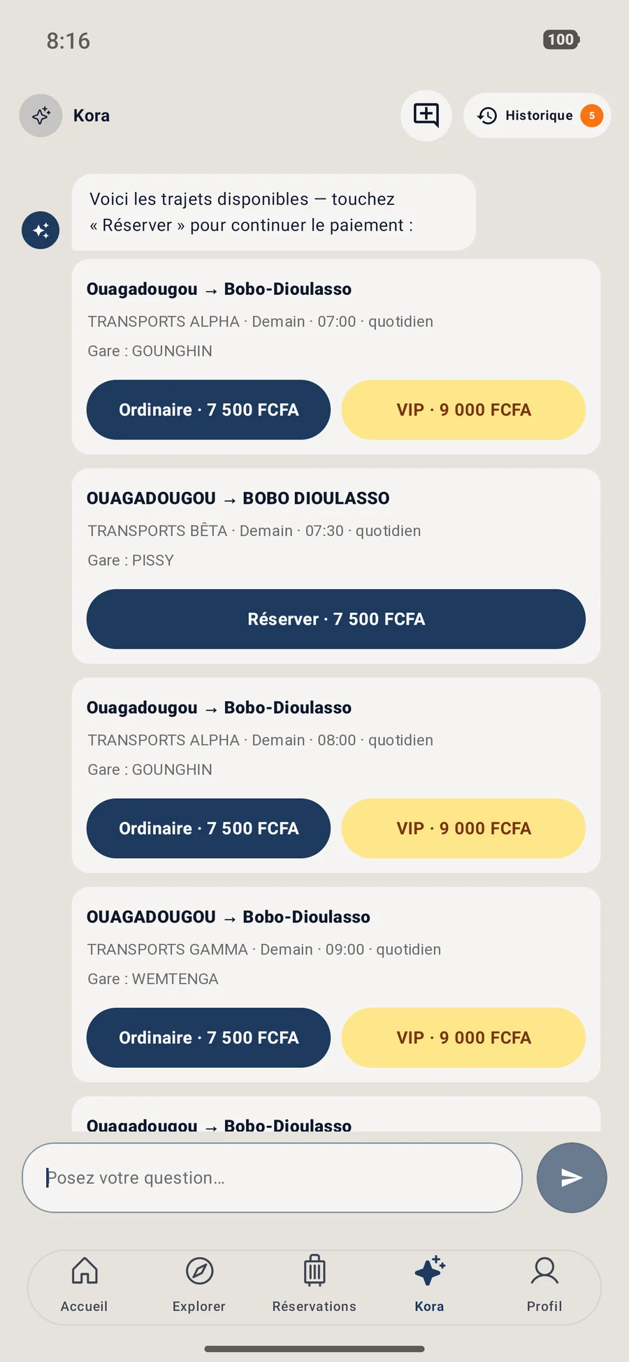 Kora propose les départs Ouagadougou – Bobo-Dioulasso à réserver