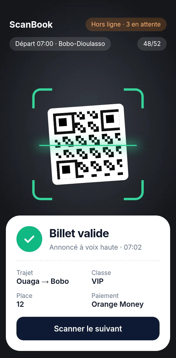 ScanBook affiche « Billet valide » après le scan d’un QR